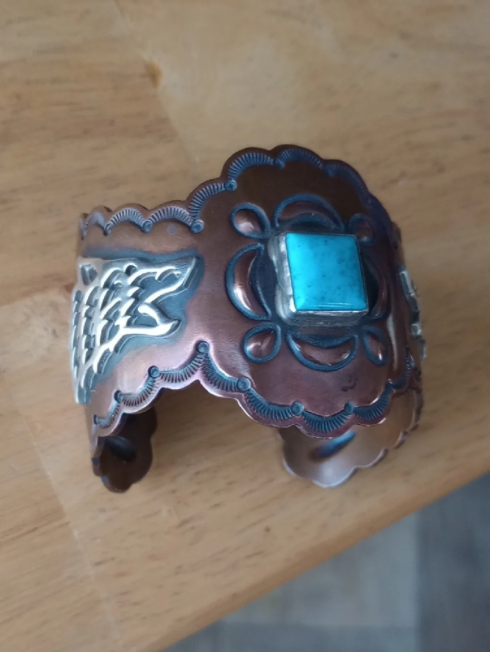 Copper Silver Turquoise Wolf Cuff